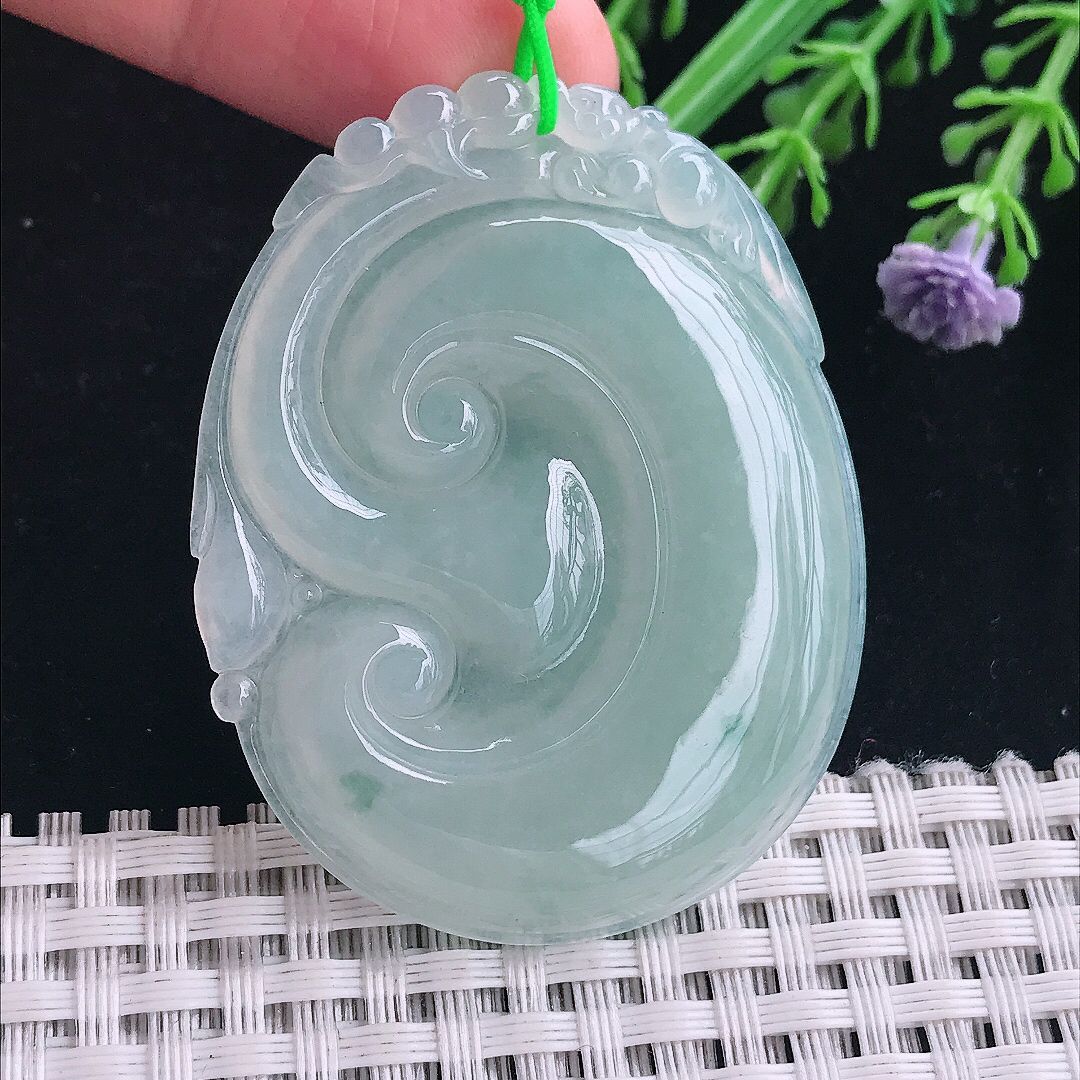 实拍A货翡翠51.8/40.5/5.1老坑冰润起胶冰晴大如意吊坠翡翠玉如意挂件