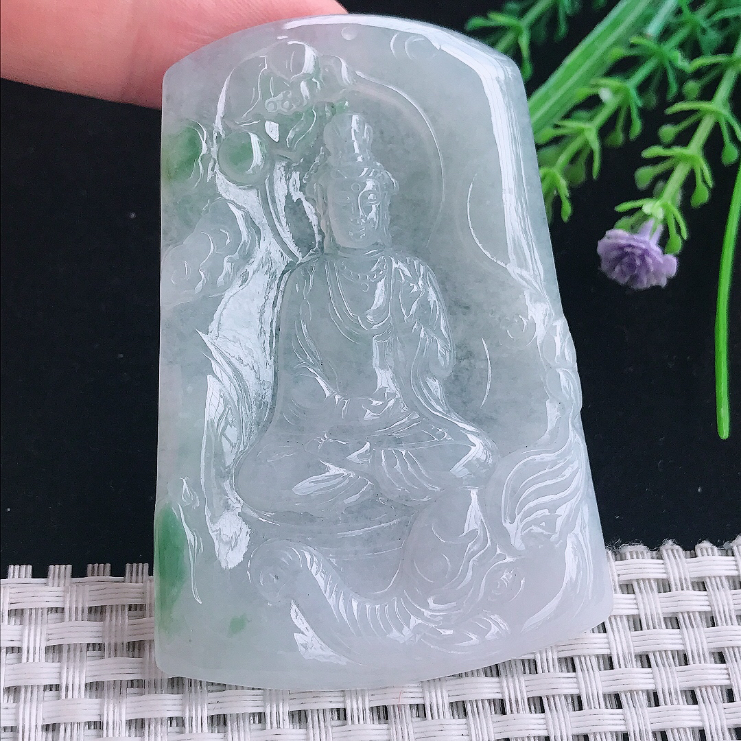 实拍A货翡翠70.8/48.5/5老坑秀气冰润飘花普贤菩萨吊坠翡翠玉挂件