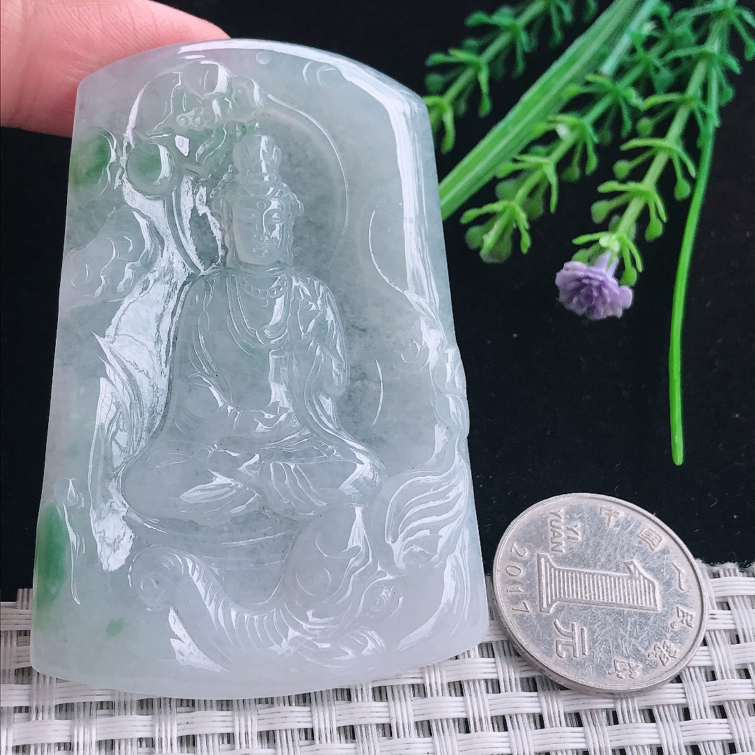 实拍A货翡翠70.8/48.5/5老坑秀气冰润飘花普贤菩萨吊坠翡翠玉挂件