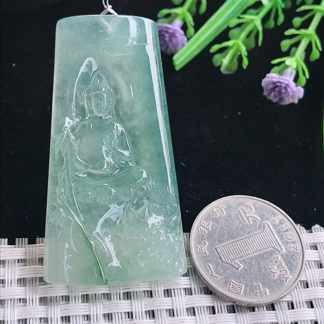 实拍A货翡翠54.3/28.9/5.8老坑冰种果冻胶冰晴绿文殊菩萨吊坠翡翠玉挂件