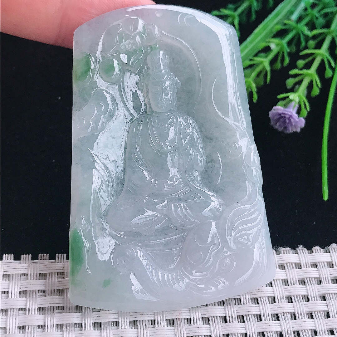 实拍A货翡翠70.8/48.5/5老坑秀气冰润飘花普贤菩萨吊坠翡翠玉挂件