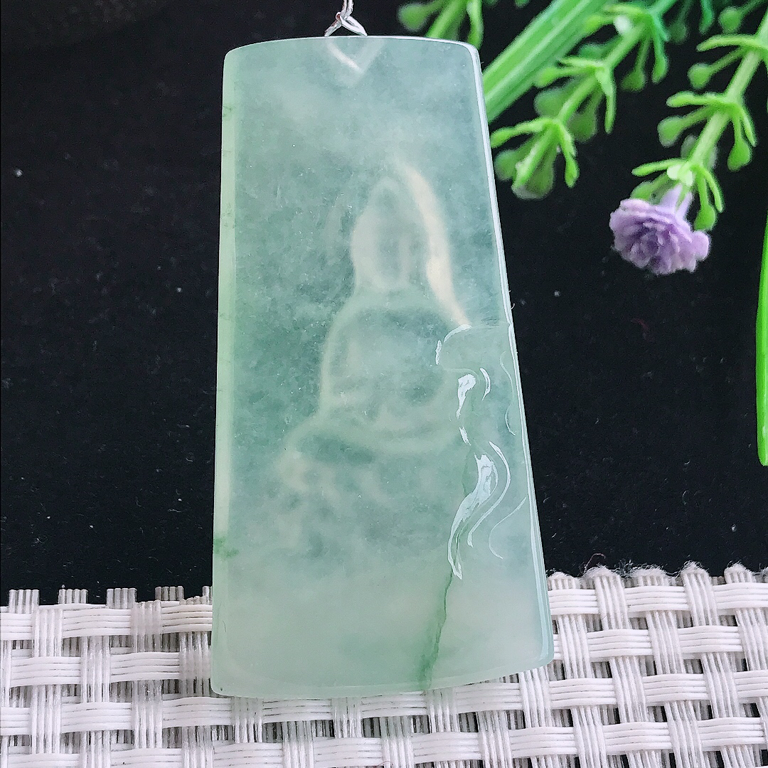 实拍A货翡翠54.3/28.9/5.8老坑冰种果冻胶冰晴绿文殊菩萨吊坠翡翠玉挂件
