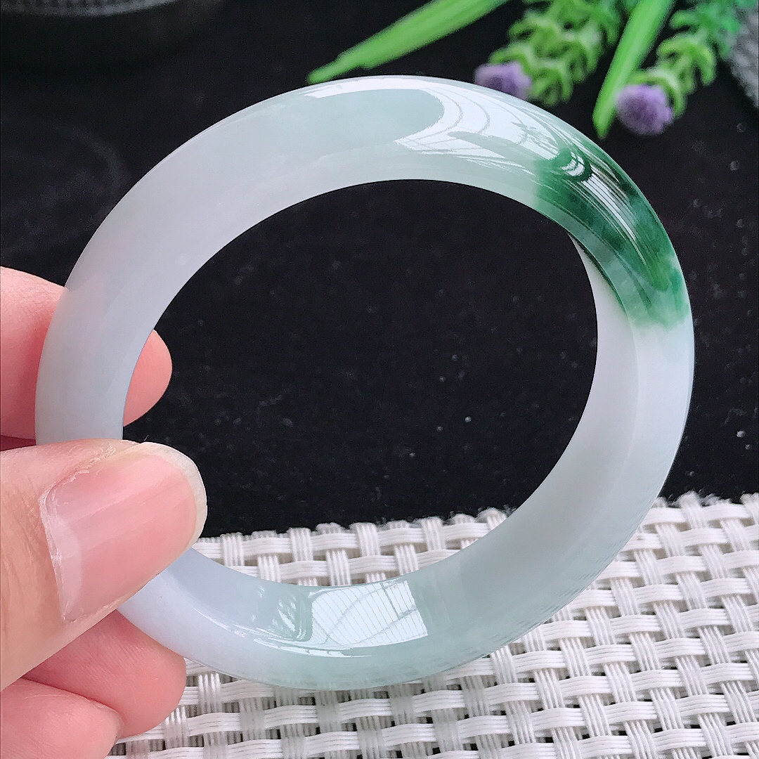实拍a货翡翠52.5/13.2/8.3小圈口平安镯老坑冰胶飘花手镯冰晴玉手镯