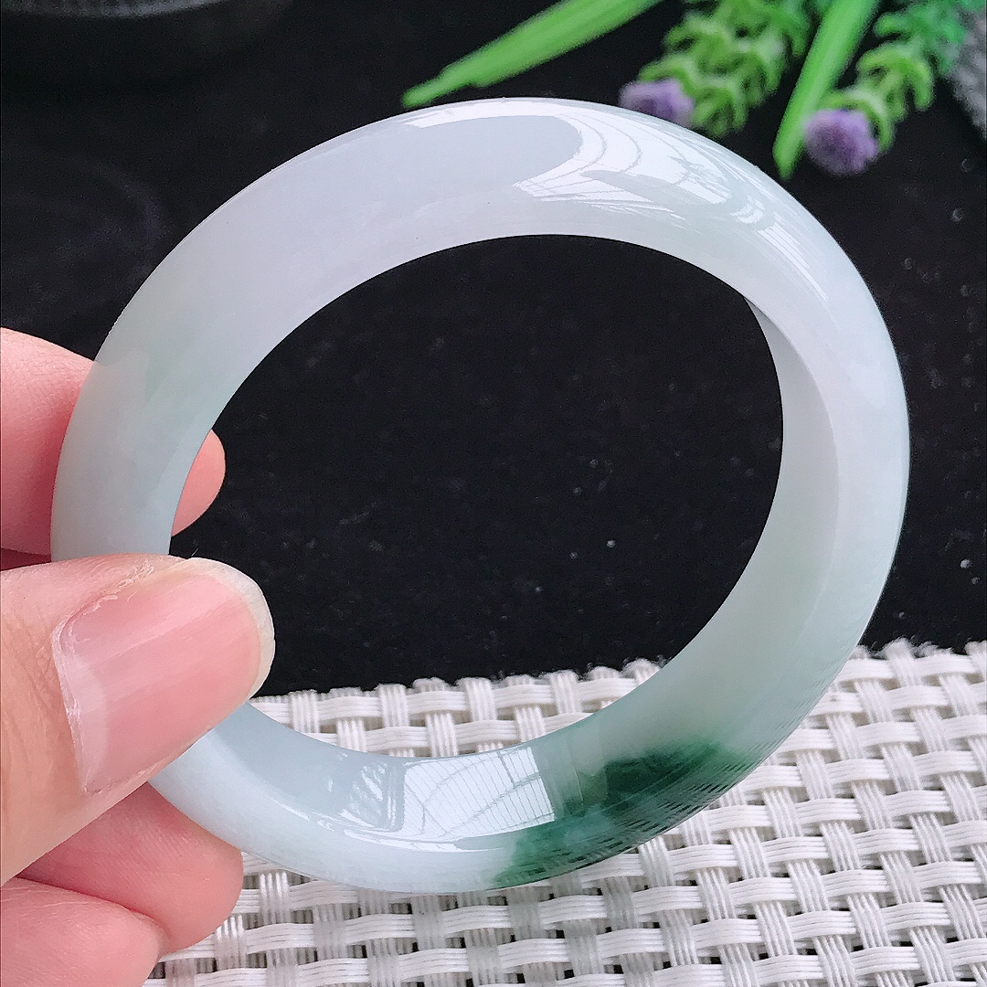 实拍a货翡翠52.5/13.2/8.3小圈口平安镯老坑冰胶飘花手镯冰晴玉手镯