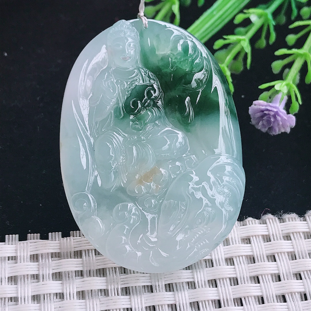 实拍A货翡翠48.5/35.2/5.7老坑冰胶水灵冰飘花普贤菩萨吊坠翡翠玉挂件