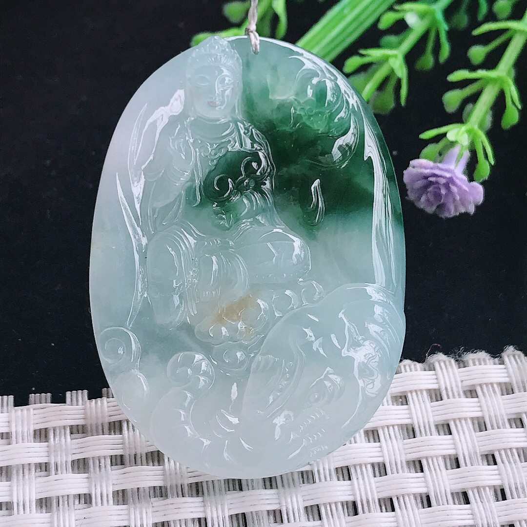 实拍A货翡翠48.5/35.2/5.7老坑冰胶水灵冰飘花普贤菩萨吊坠翡翠玉挂件