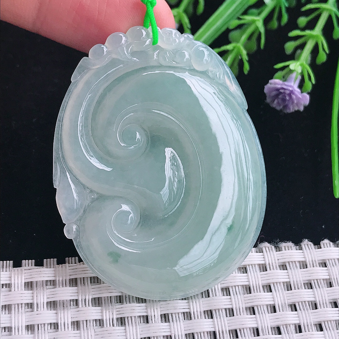 实拍A货翡翠51.8/40.5/5.1老坑冰润起胶冰晴大如意吊坠翡翠玉如意挂件