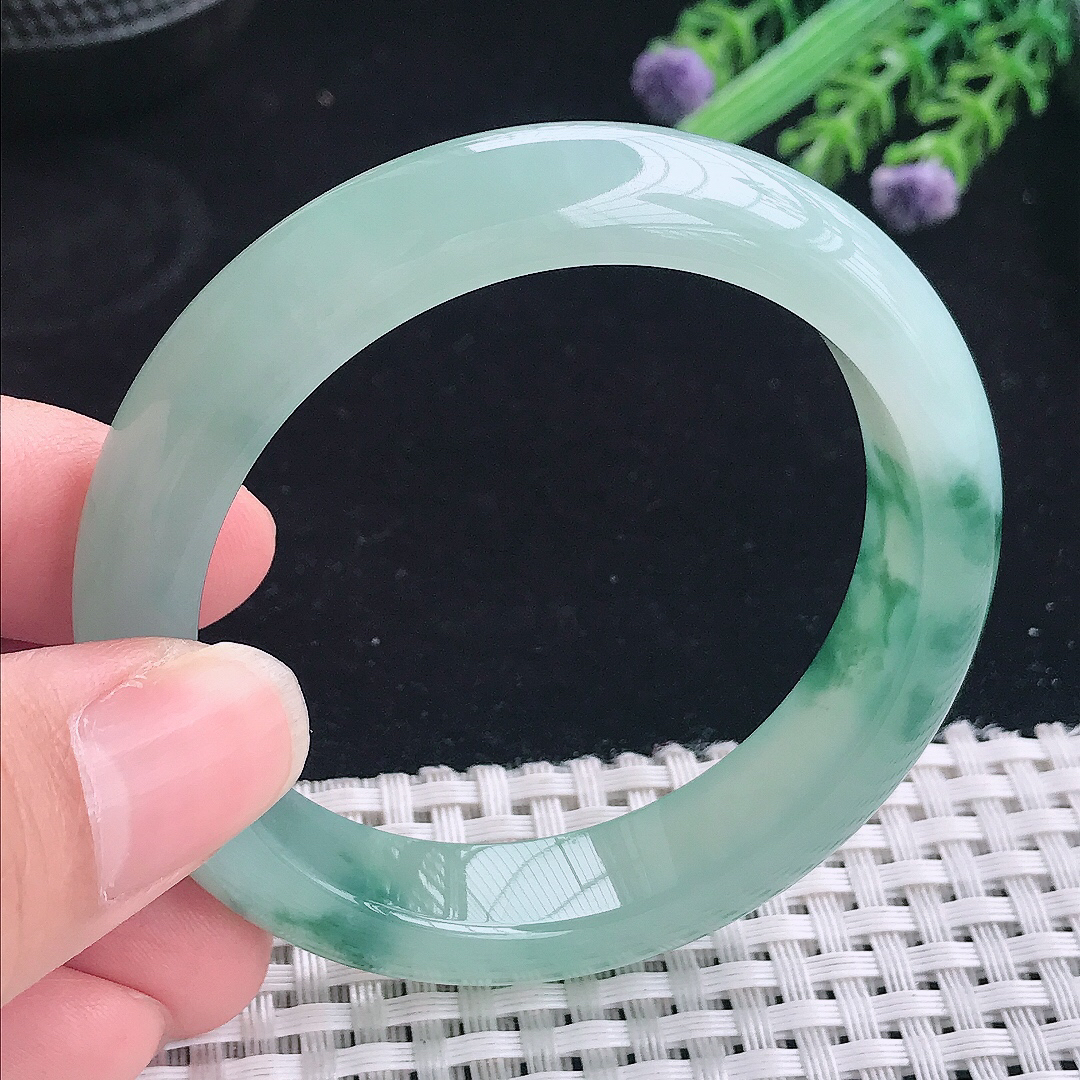 实拍a货翡翠51.8/12/8.2小圈口平安镯老坑冰胶果冻冰飘花手镯冰晴玉手镯