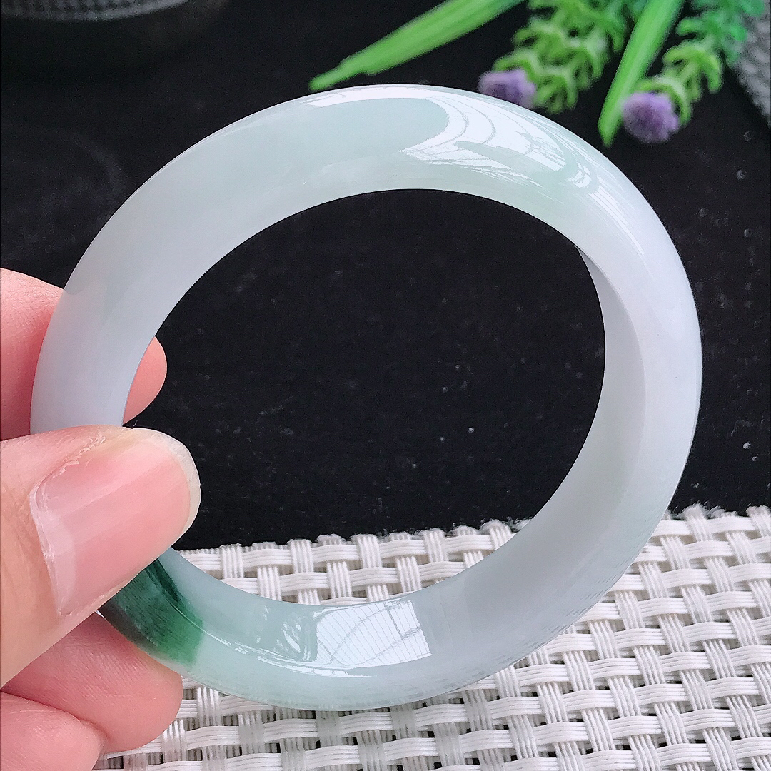 实拍a货翡翠52.5/13.2/8.3小圈口平安镯老坑冰胶飘花手镯冰晴玉手镯