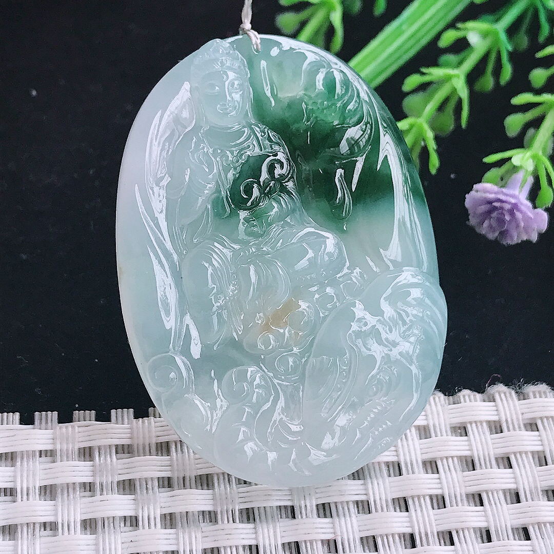 实拍A货翡翠48.5/35.2/5.7老坑冰胶水灵冰飘花普贤菩萨吊坠翡翠玉挂件