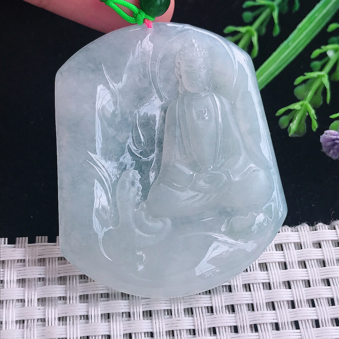 实拍A货翡翠54.8/46.5/5.8老坑冰胶水灵白月光大日如来佛祖吊坠翡翠玉挂件