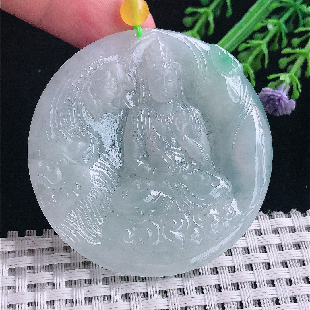 实拍A货翡翠55.5/5.8老坑冰润起胶文殊菩萨吊坠翡翠玉挂件