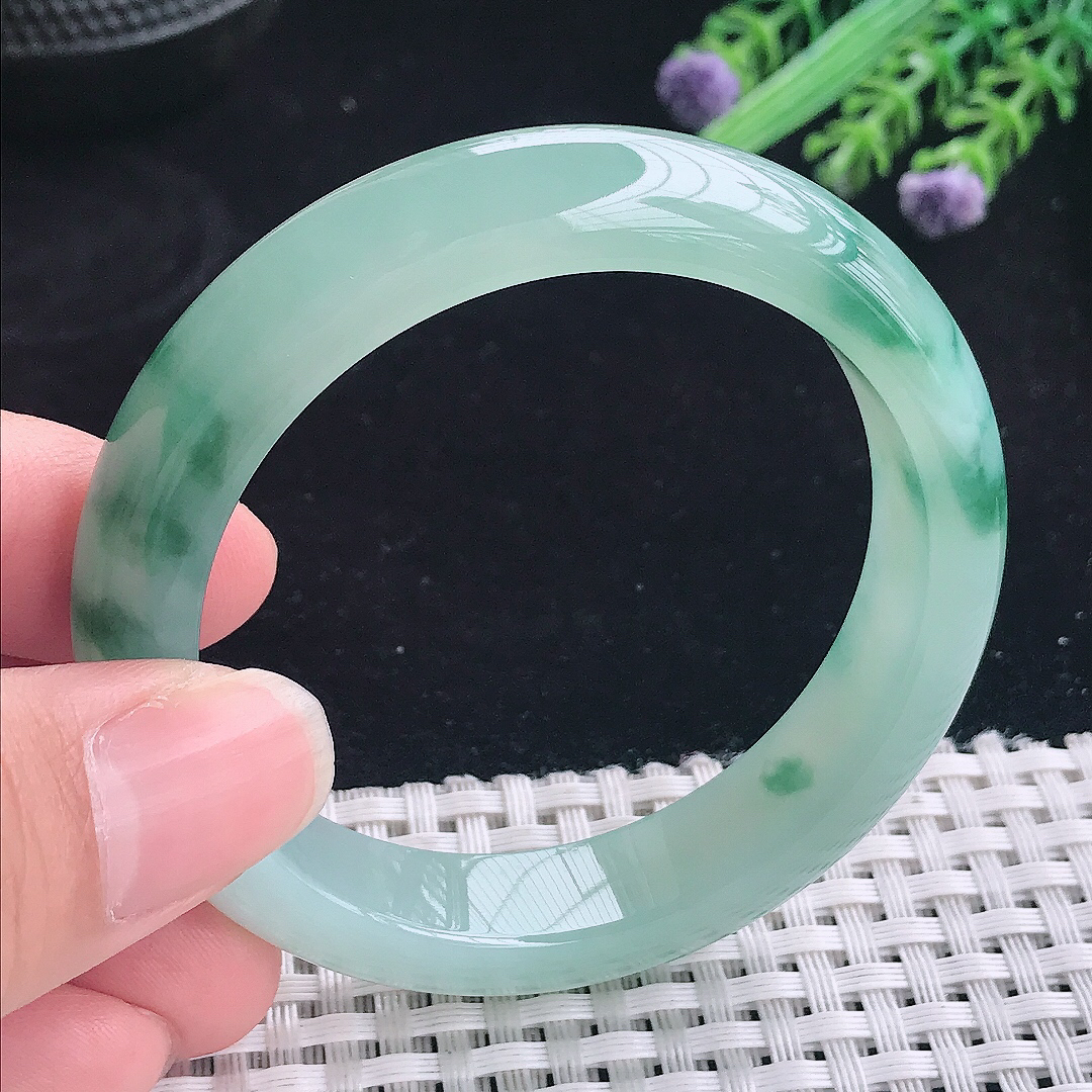 实拍a货翡翠51.8/12/8.2小圈口平安镯老坑冰胶果冻冰飘花手镯冰晴玉手镯