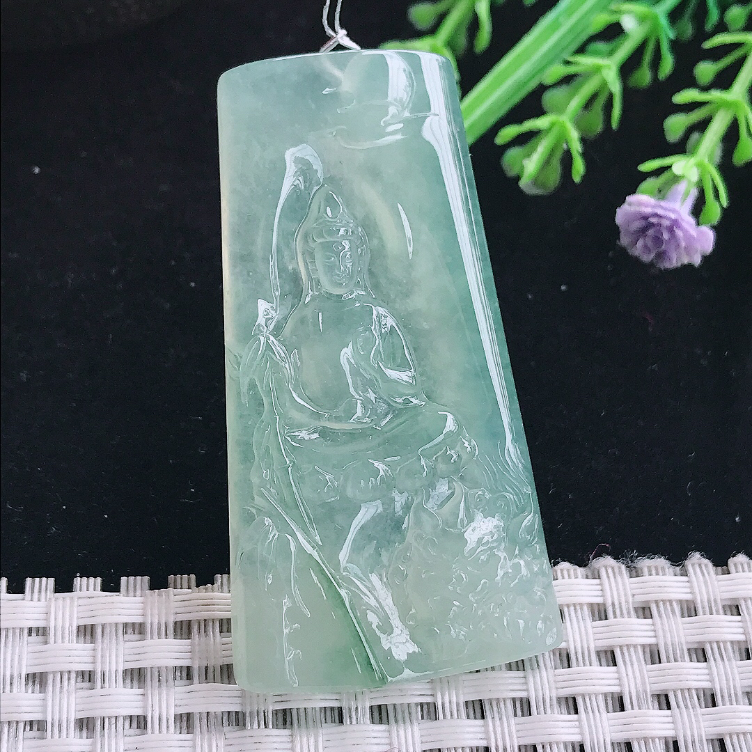 实拍A货翡翠54.3/28.9/5.8老坑冰种果冻胶冰晴绿文殊菩萨吊坠翡翠玉挂件