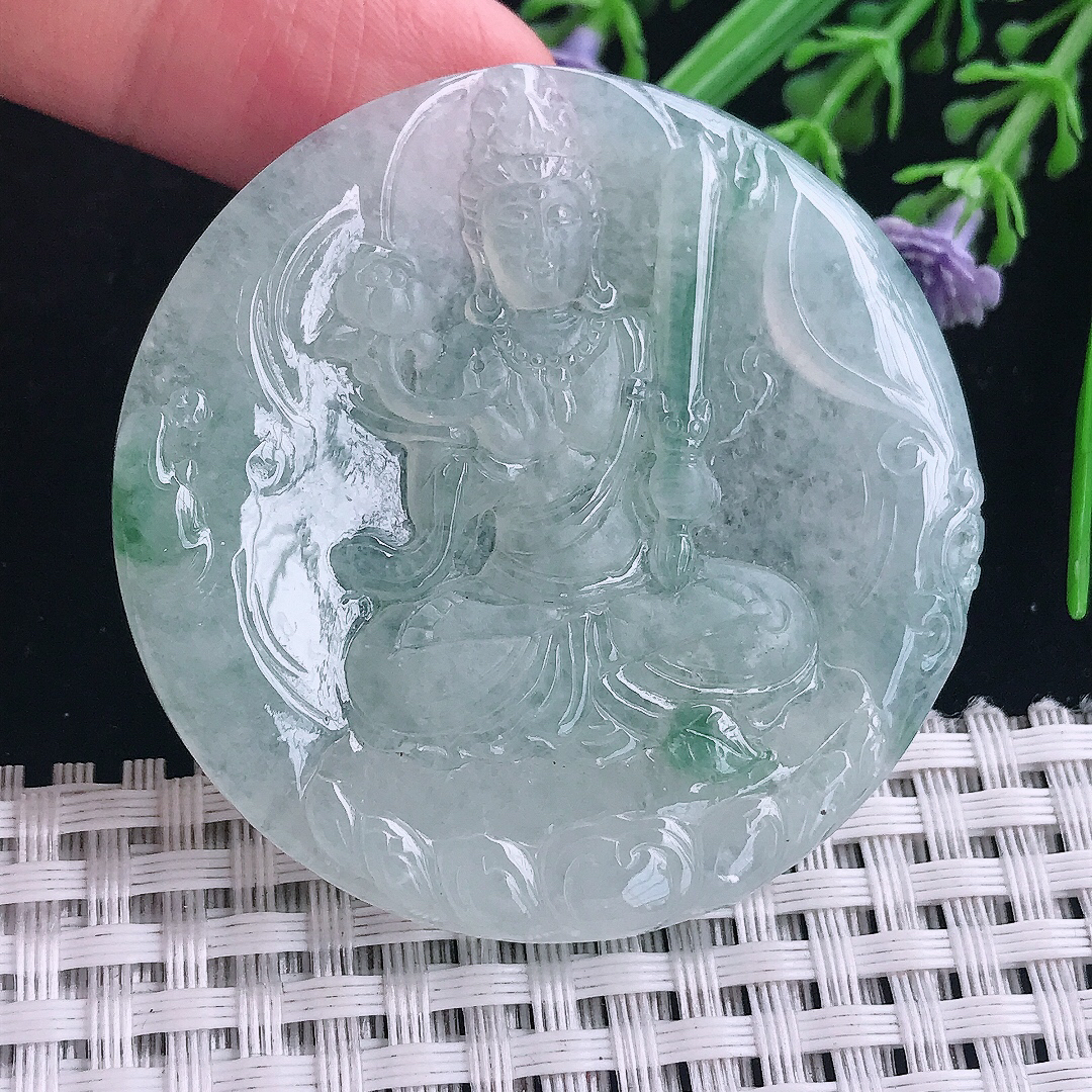 实拍A货翡翠50.3/5.3老坑冰透起胶飘花虚空藏菩萨吊坠翡翠玉挂件