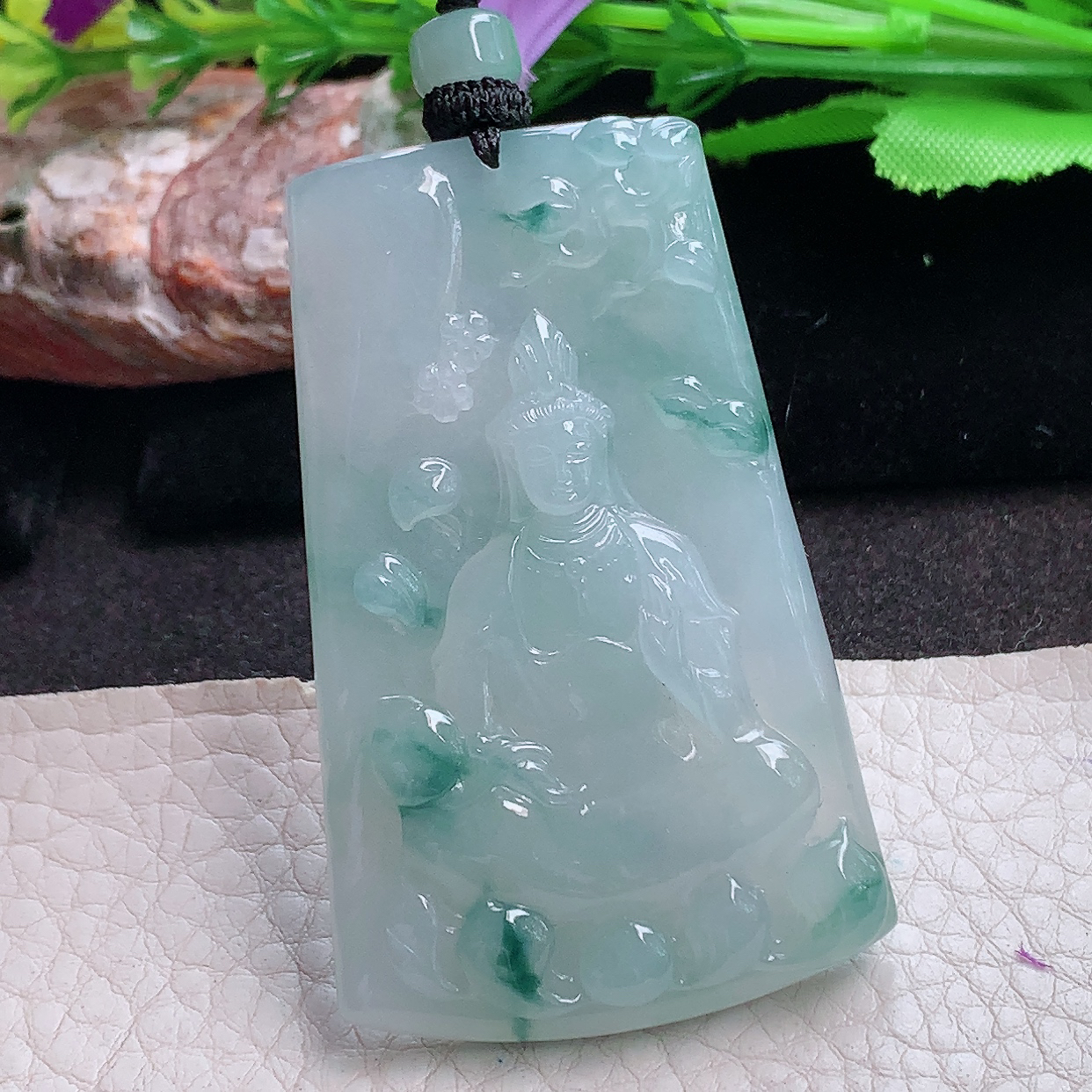 yl实拍58.6*36.6*6缅甸翡翠精雕冰飘花山水观音 玉观音玉吊坠 玉挂件