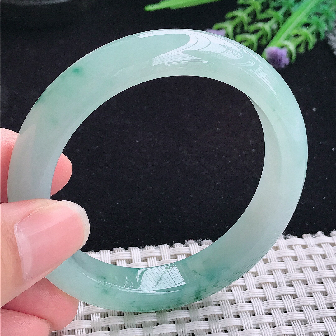 实拍a货翡翠54.8/11.9/8.8平安镯老坑冰胶冰飘花手镯玉手镯珍藏佳品