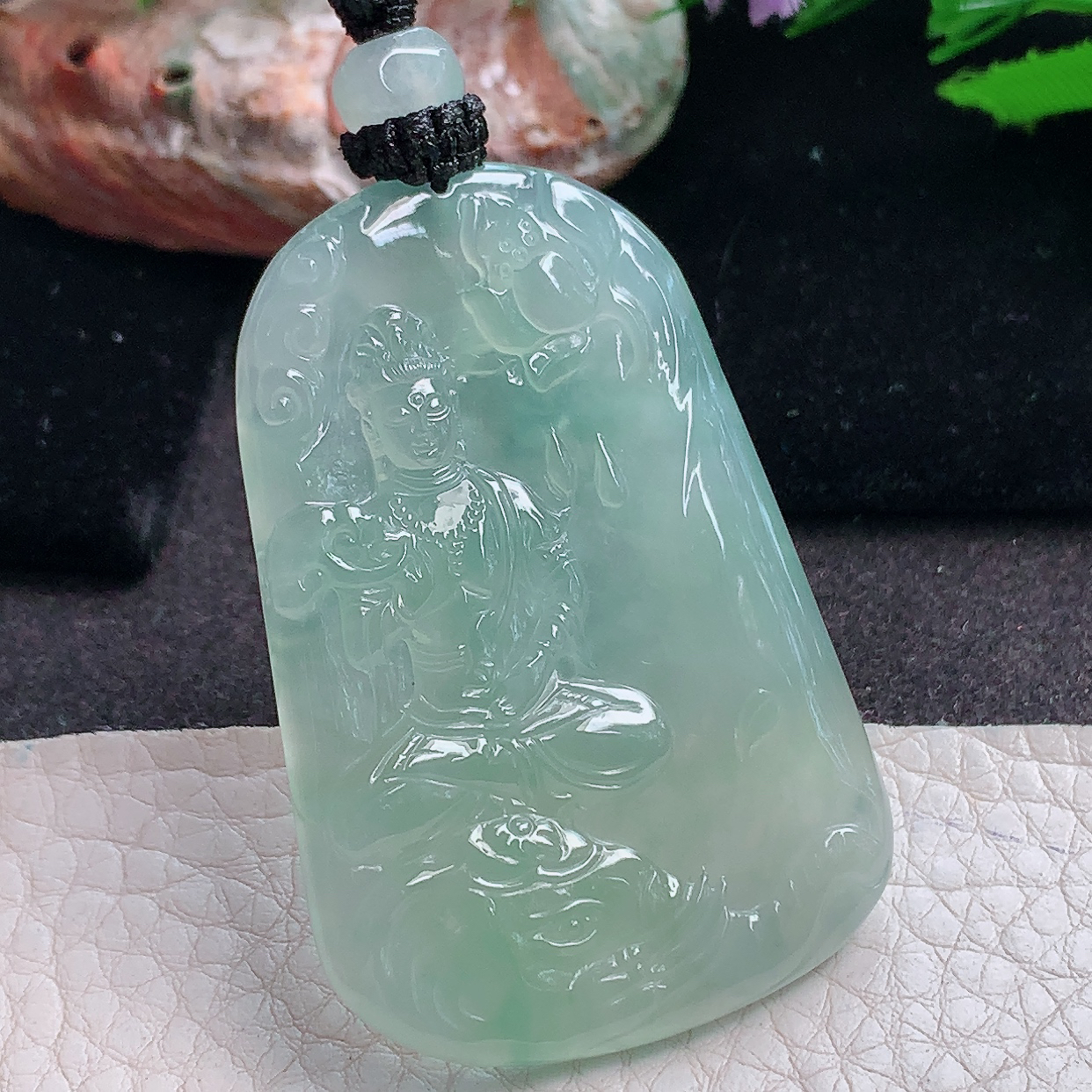 yl实拍52.5*35.5*4.6缅甸翡翠精雕冰晴普贤菩萨 生肖守护神玉吊坠