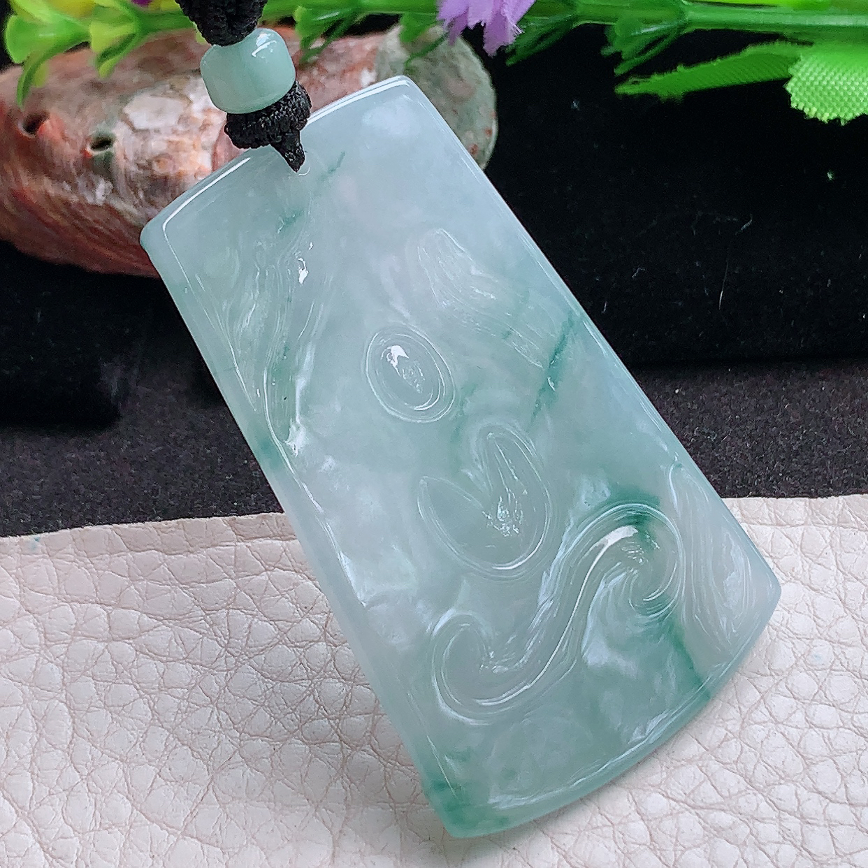 yl实拍58.6*36.6*6缅甸翡翠精雕冰飘花山水观音 玉观音玉吊坠 玉挂件