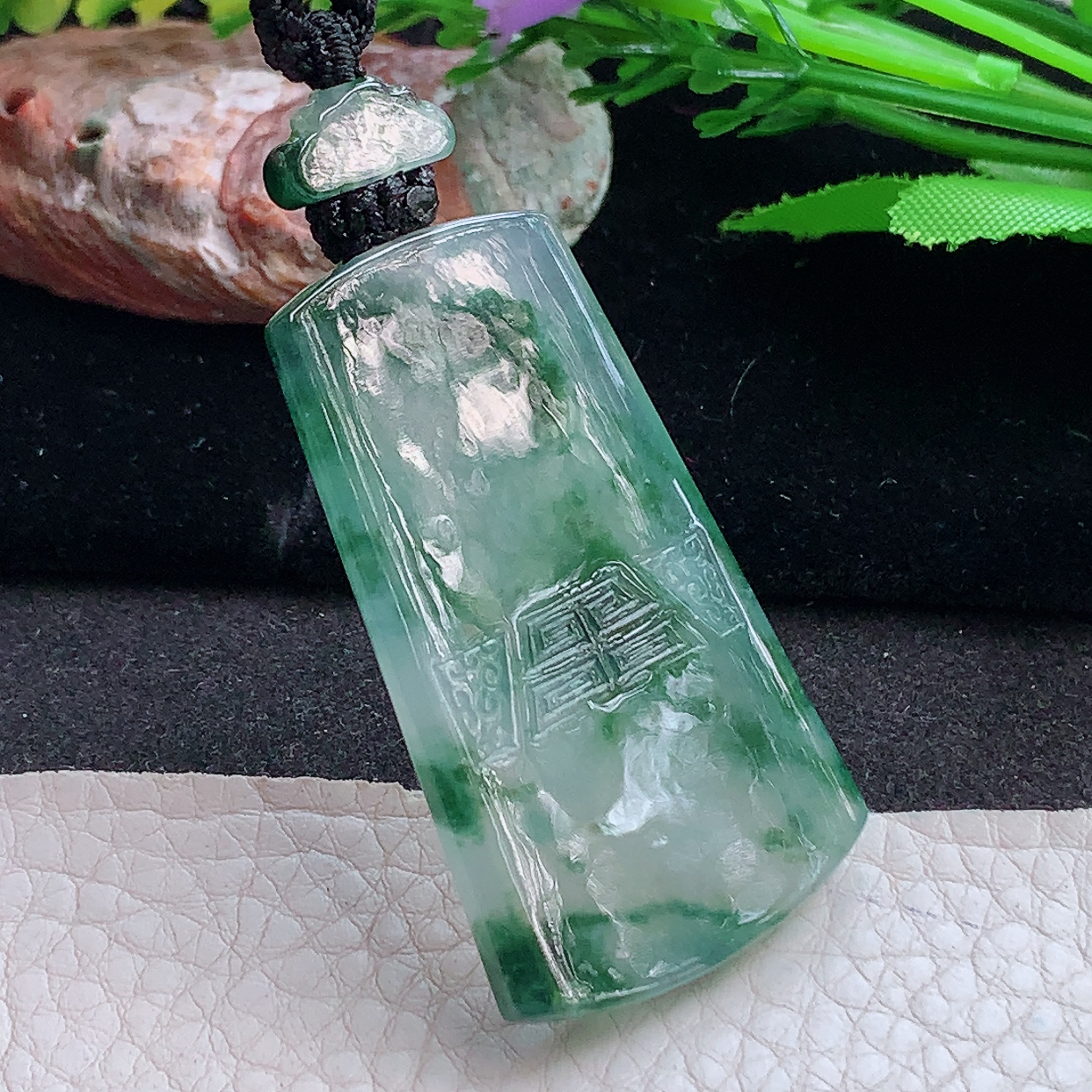 yl实拍49.2*29*5.5缅甸翡翠精雕冰飘花山水 大好河山玉吊坠 玉挂件