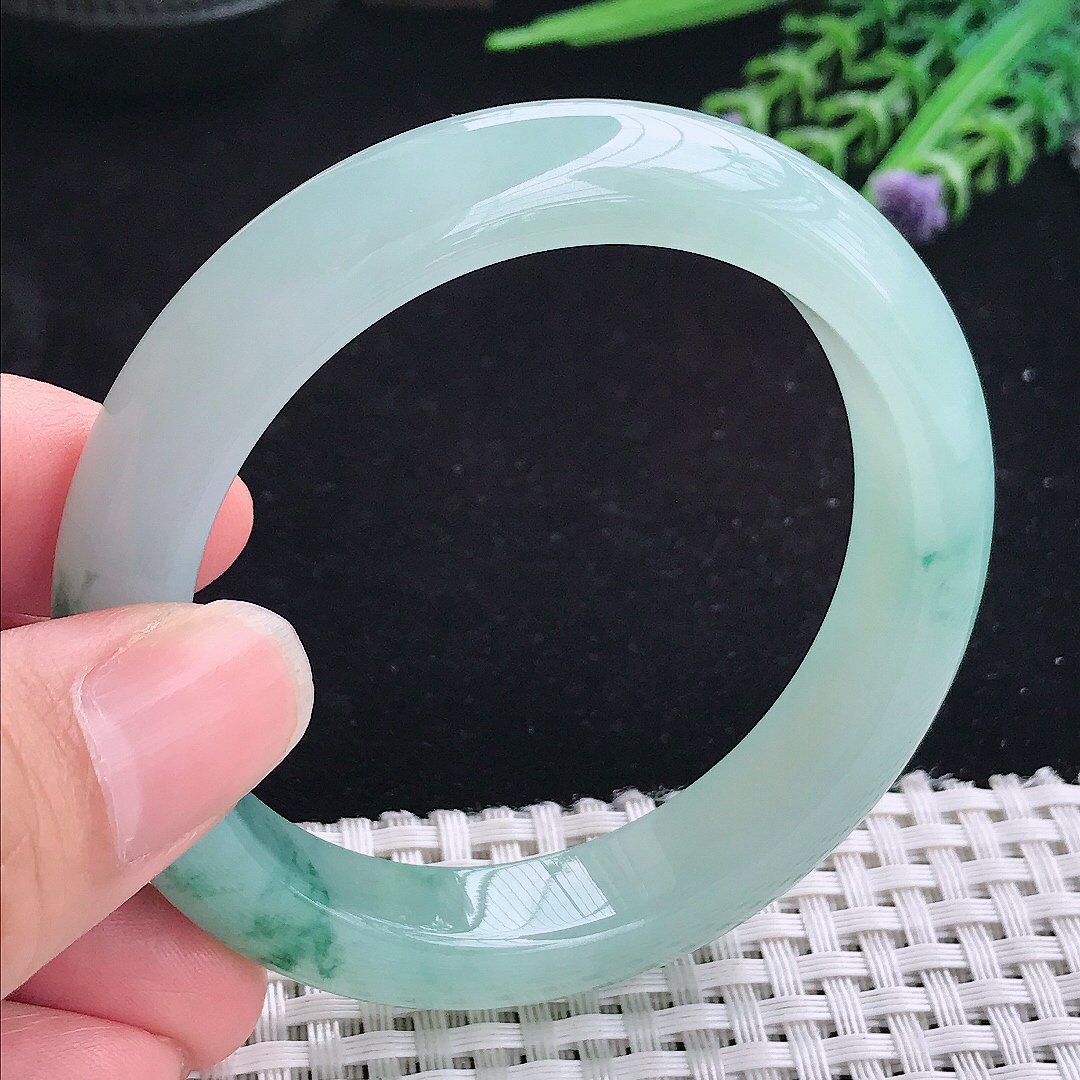 实拍a货翡翠54.8/11.9/8.8平安镯老坑冰胶冰飘花手镯玉手镯珍藏佳品