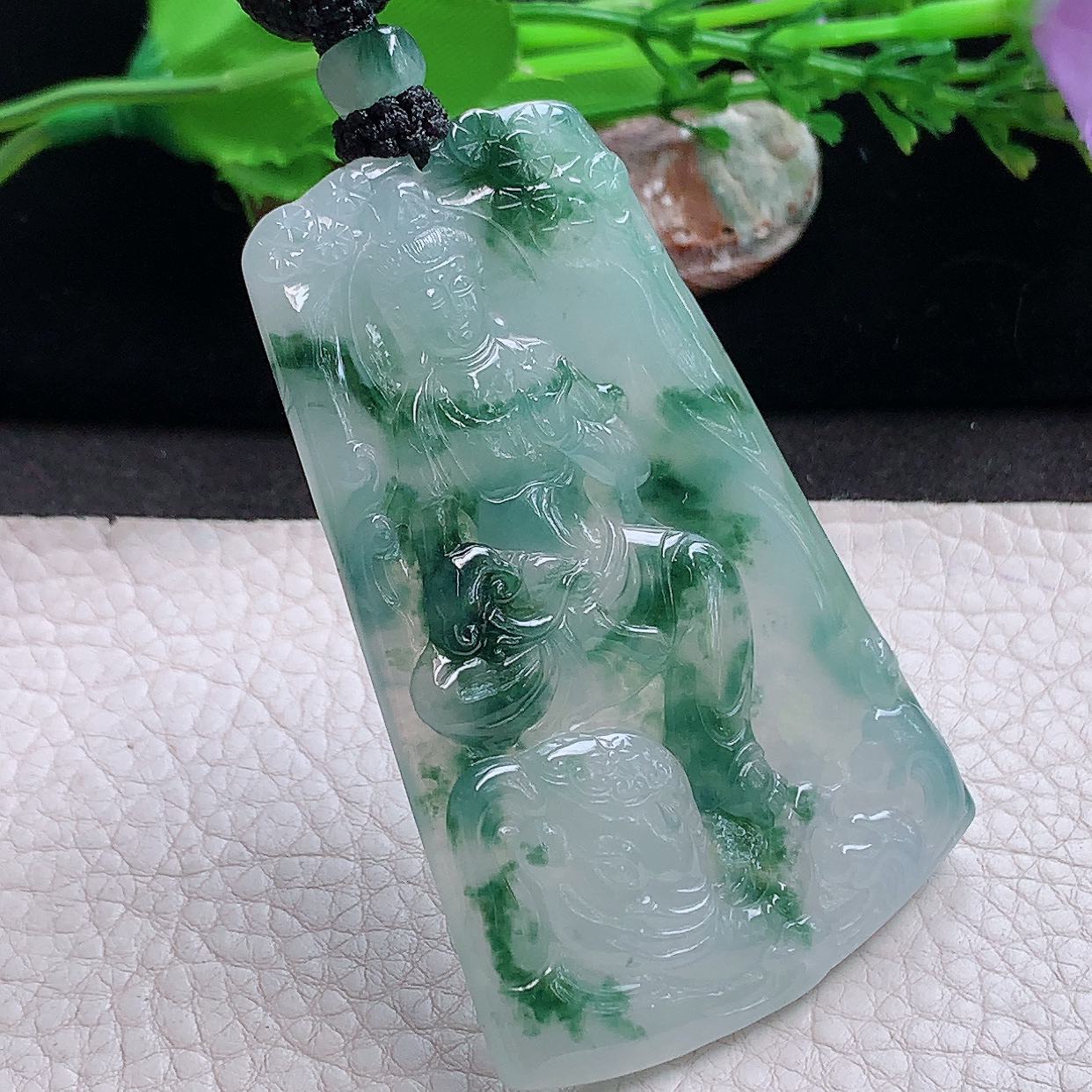 yl实拍71.2*44.5*5.2缅甸翡翠精雕冰飘花大件男士普贤菩萨玉吊坠 玉挂件