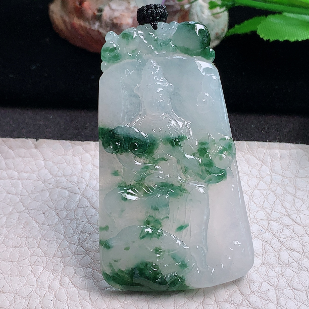 yl实拍63.9*36*5.2缅甸翡翠精雕冰飘花普贤菩萨 生肖守护神玉吊坠 玉挂件