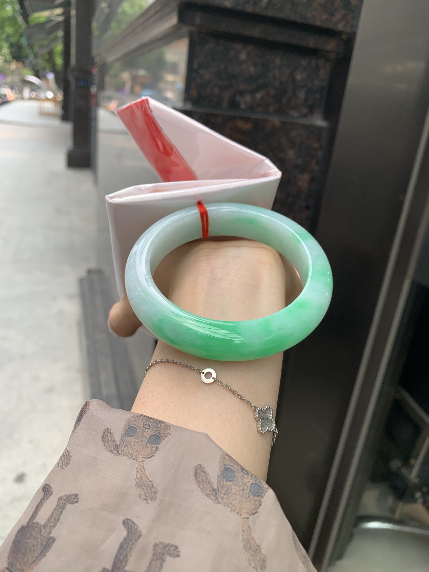 白底青阳绿正圈 60-9.7-14.6 0512-N705 打灯细纹，半圈阳绿花点缀腕间风华，干净纯净的底色上，一抹翠色肆意流淌，宛如春日里的繁华盛景