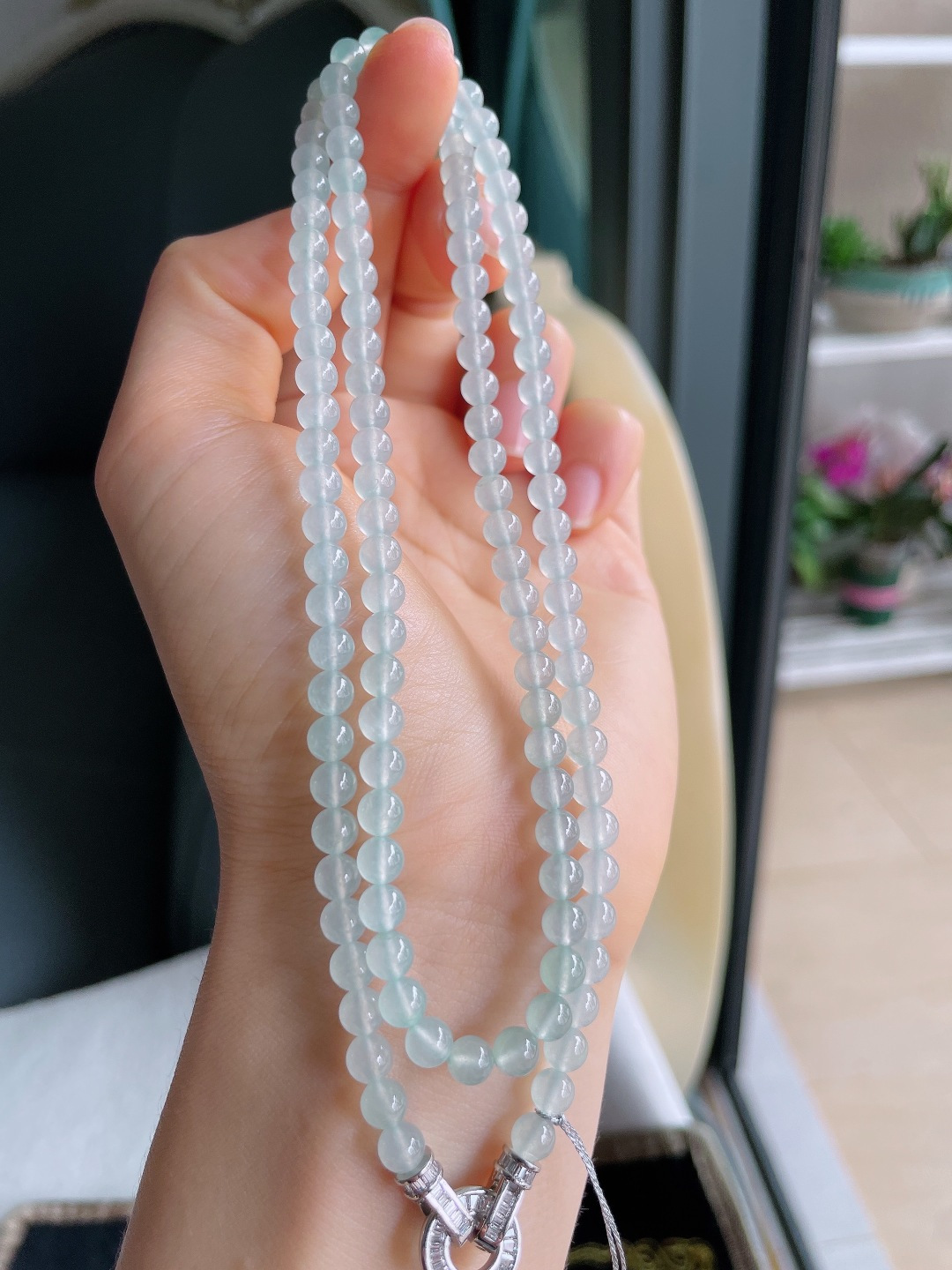 天然翡翠A货，白冰珠链，尺寸：5mm120颗。【编3278】