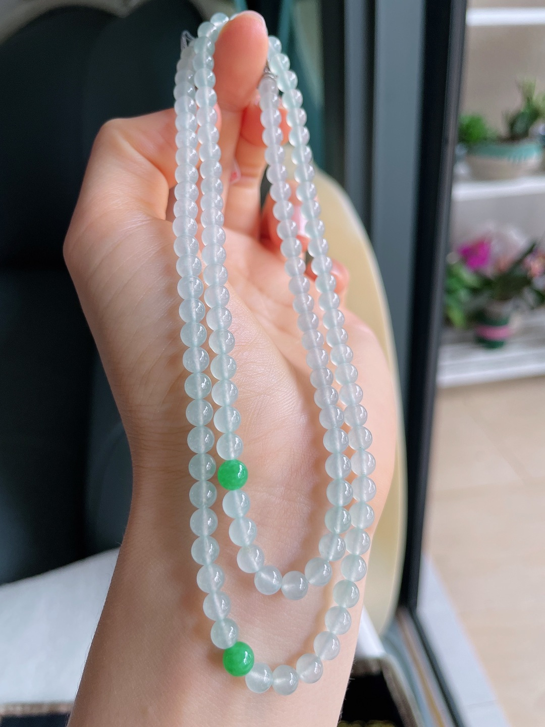 天然翡翠A货，白冰珠链，尺寸：5mm120颗。【编3278】