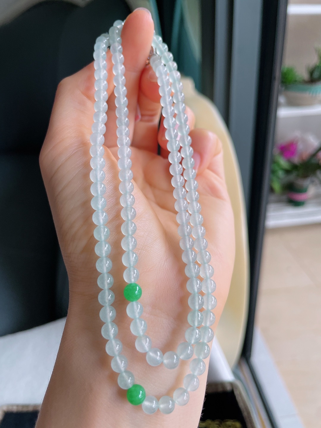 天然翡翠A货，白冰珠链，尺寸：5mm120颗。【编3278】