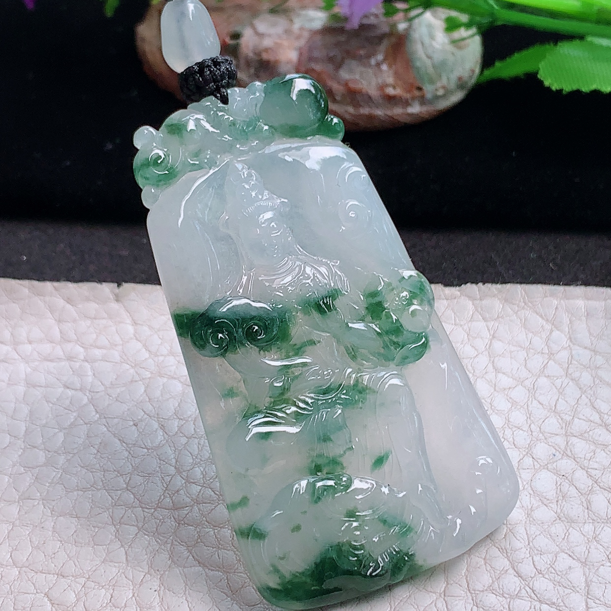 yl实拍63.9*36*5.2缅甸翡翠精雕冰飘花普贤菩萨 生肖守护神玉吊坠 玉挂件
