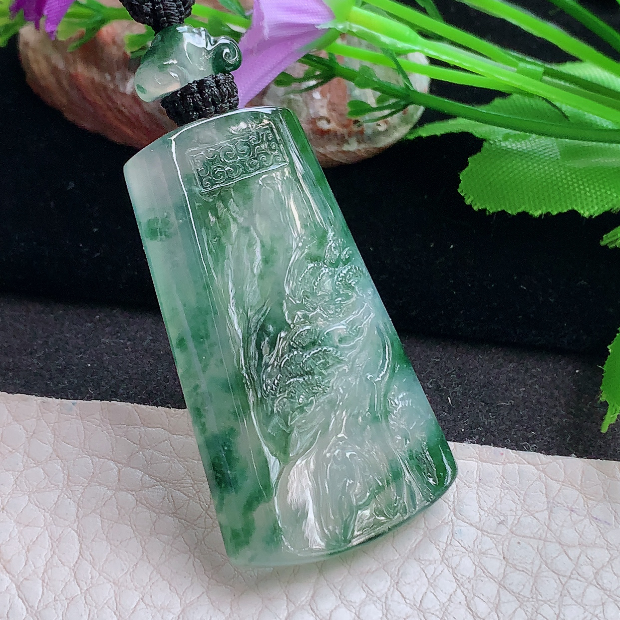 yl实拍49.2*29*5.5缅甸翡翠精雕冰飘花山水 大好河山玉吊坠 玉挂件