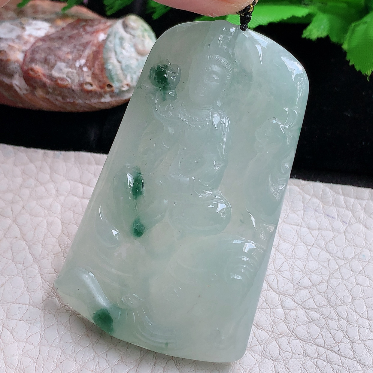 kh实拍61.8*38*7.5天然缅甸翡翠a货冰飘花普贤菩萨 生肖守护神玉吊坠 玉挂件