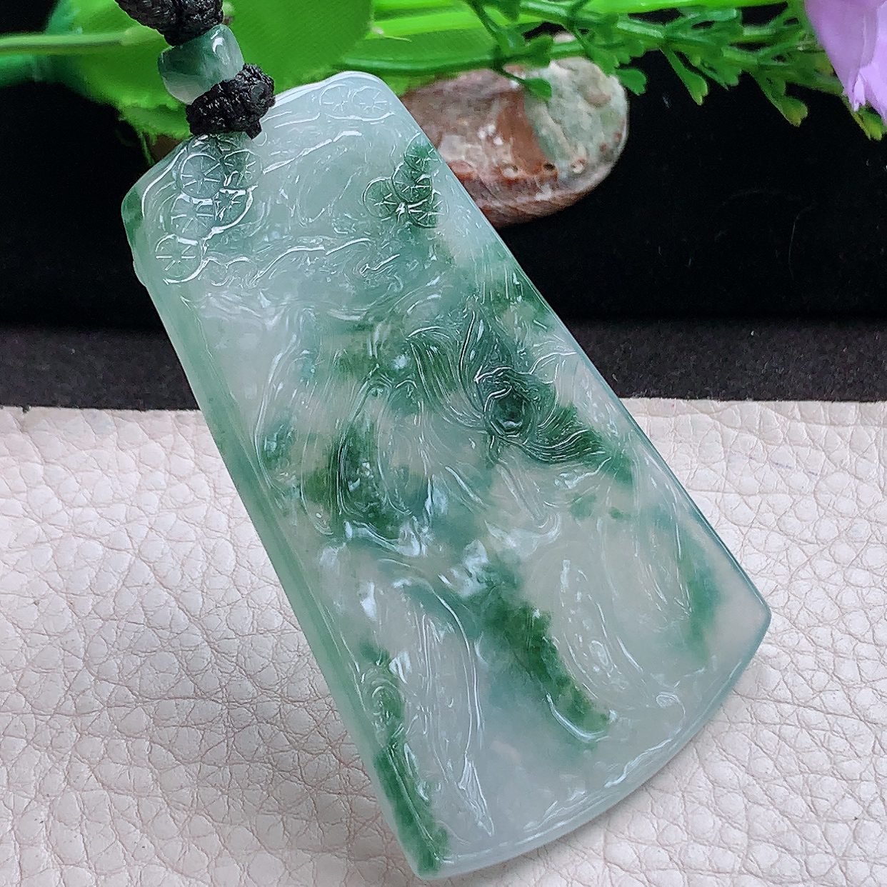 yl实拍71.2*44.5*5.2缅甸翡翠精雕冰飘花大件男士普贤菩萨玉吊坠 玉挂件