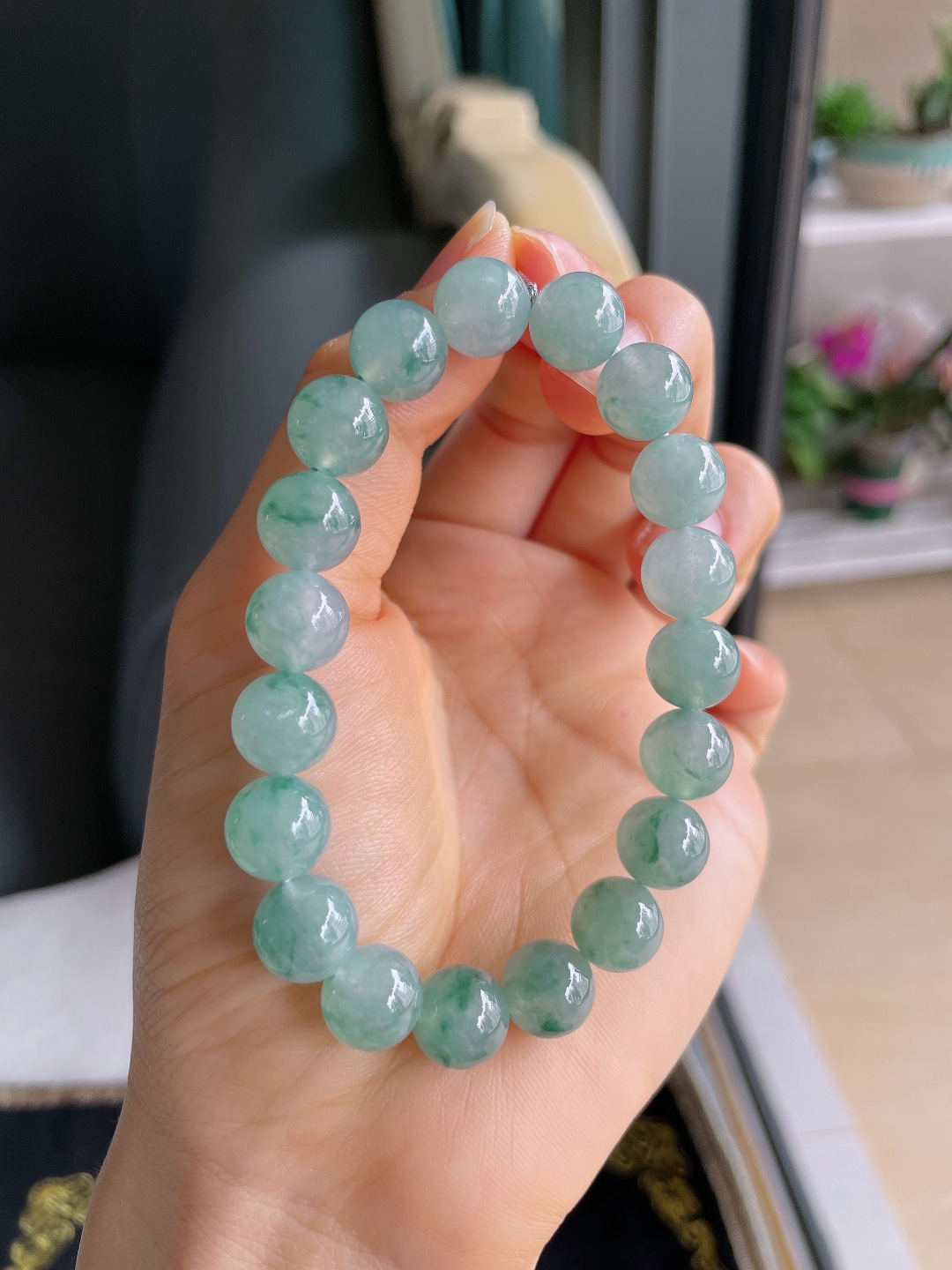 ️，缅甸天然翡翠A货，冰飘花手串，尺寸：10mm。【编4195】