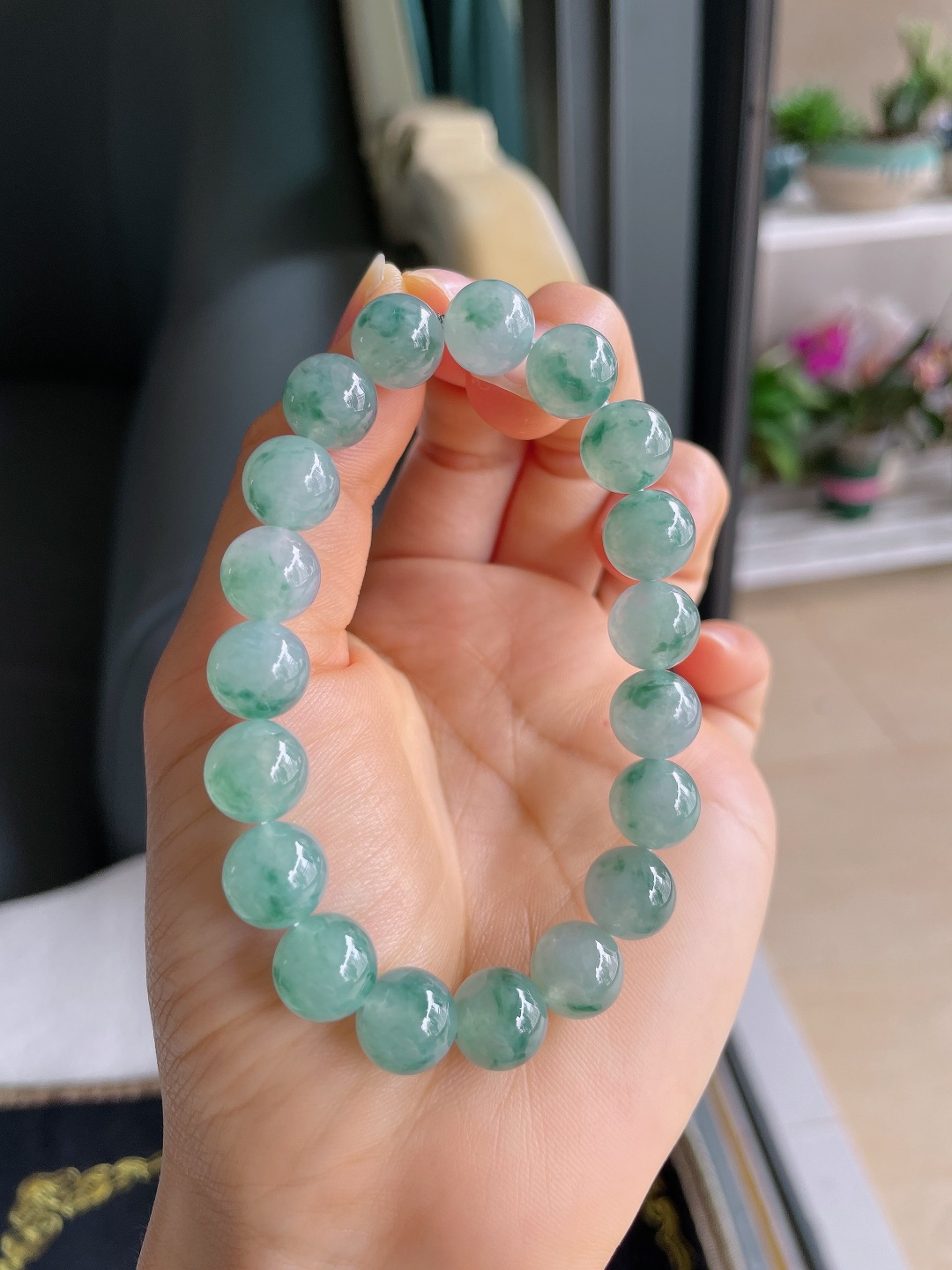 ️，缅甸天然翡翠A货，冰飘花手串，尺寸：10mm。【编4195】