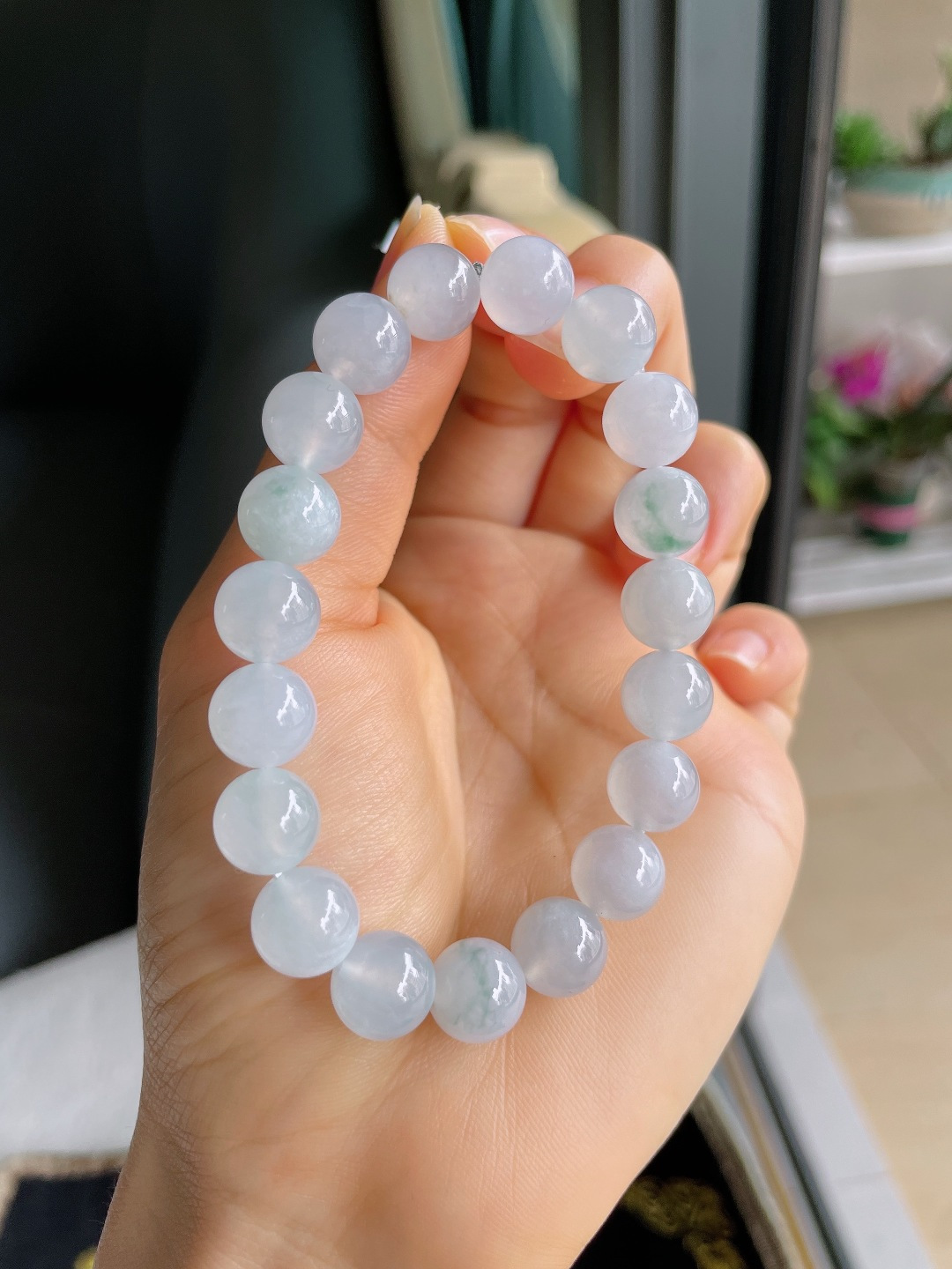 ️，缅甸天然翡翠A货，冰飘花手串，尺寸：10mm。【编4181】