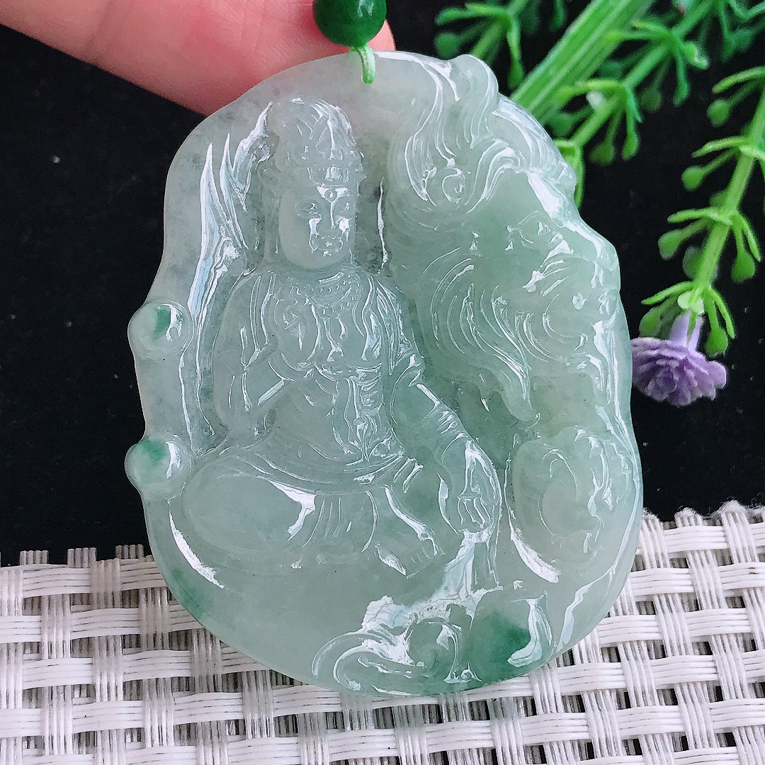 实拍A货翡翠55/44/5.8老坑精美冰润晴底文殊菩萨吊坠翡翠玉牌挂件