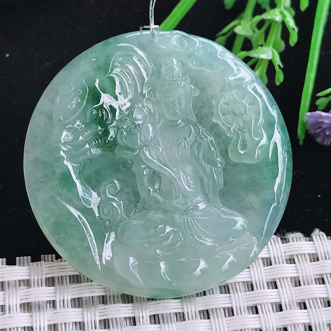 实拍A货翡翠45.6/5.8老坑冰胶果冻冰晴绿普贤菩萨吊坠翡翠圆牌挂件
