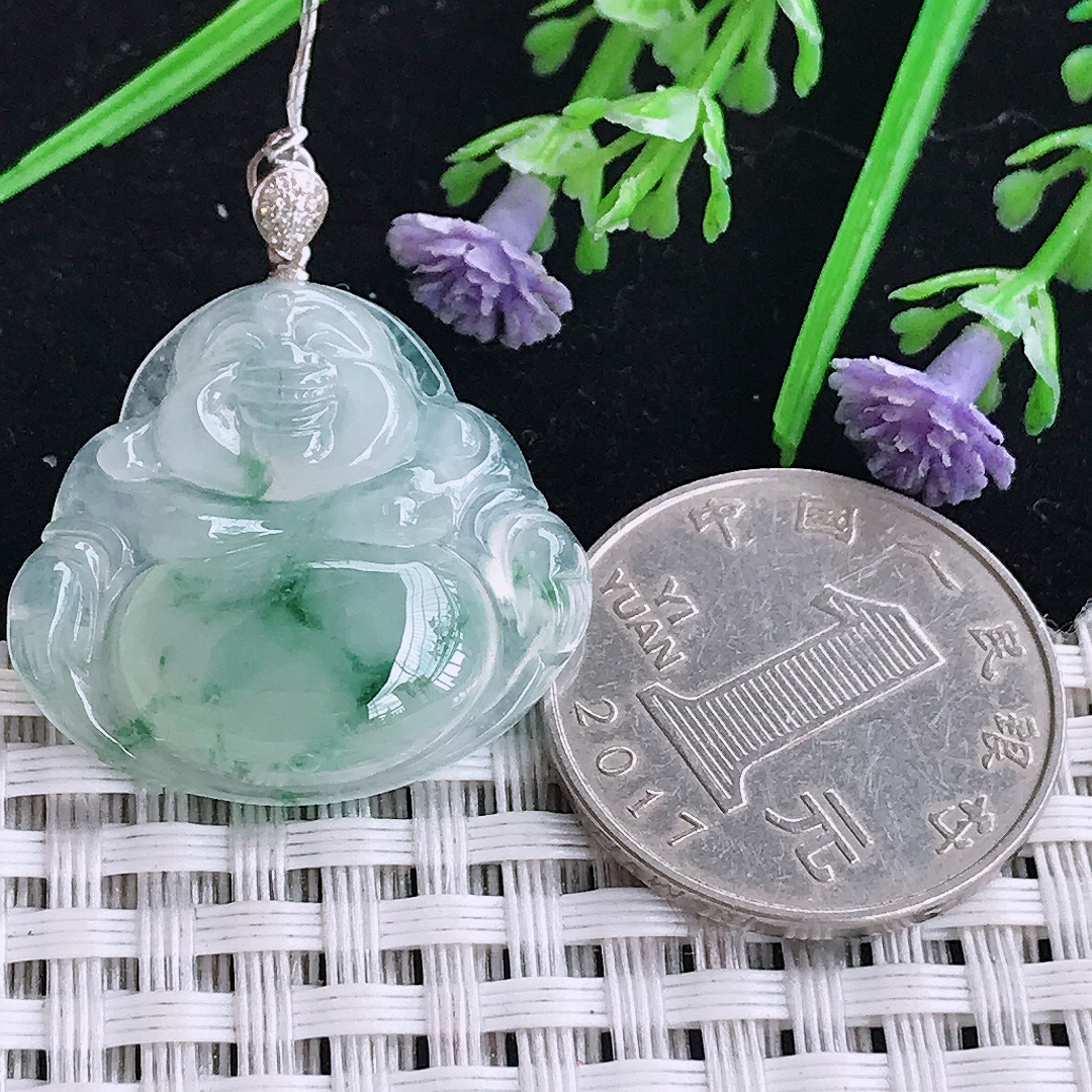 实拍A货翡翠25.3/27.2/5.9老坑18k金镶嵌冰冰飘花冰种佛公吊坠翡翠玉佛挂件
