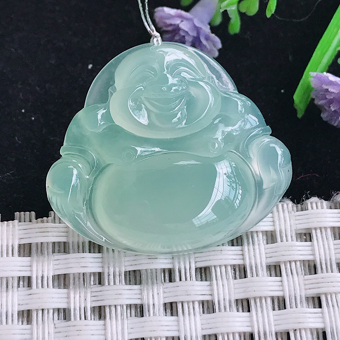 实拍A货翡翠25/29.2/5.9老坑冰种果冻胶冰晴绿佛公吊坠翡翠玉佛挂件