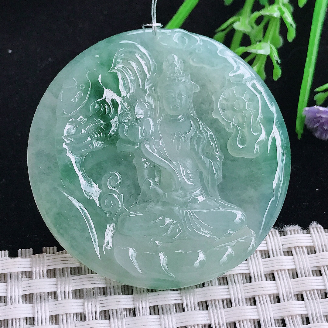 实拍A货翡翠45.6/5.8老坑冰胶果冻冰晴绿普贤菩萨吊坠翡翠圆牌挂件