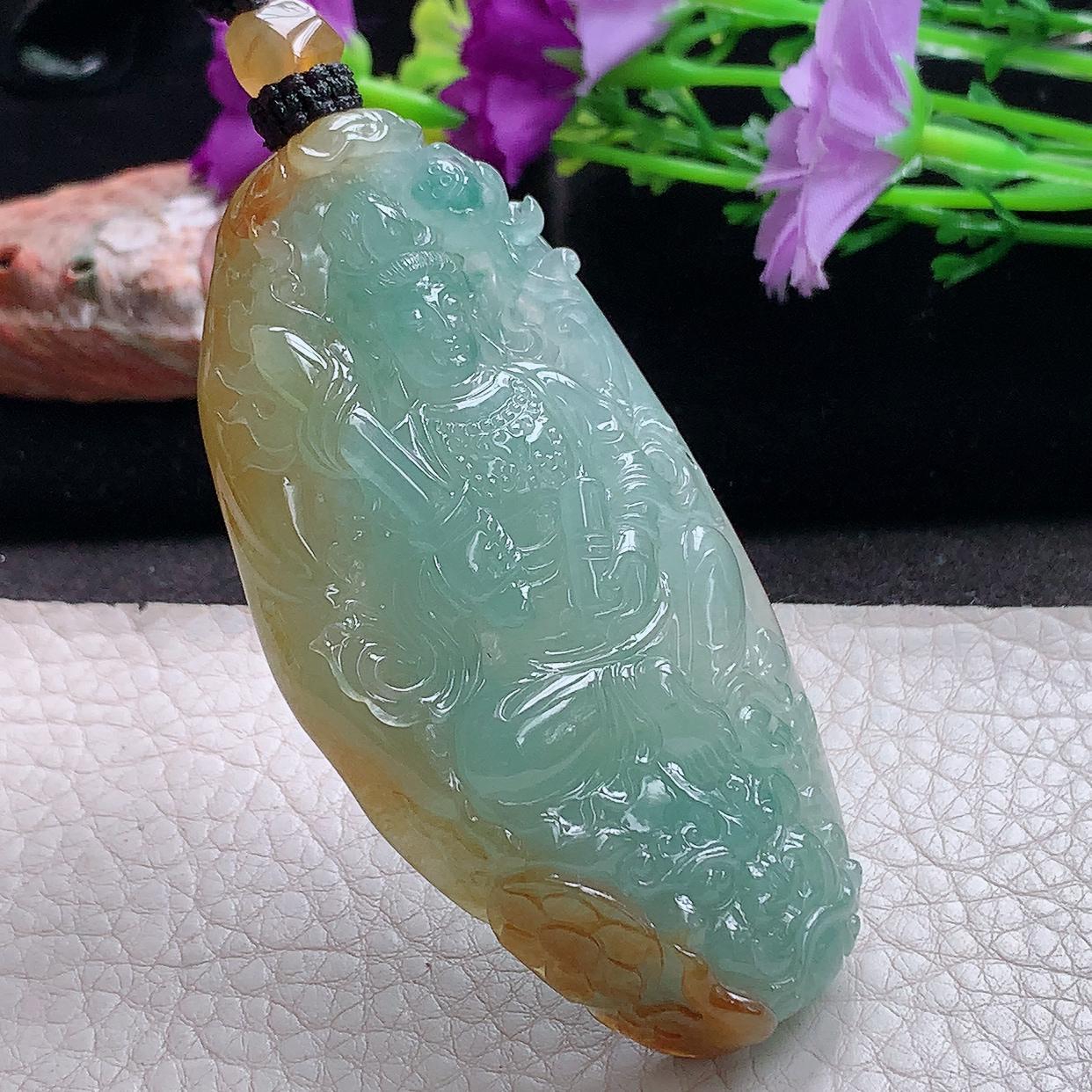 yl实拍76*38*12.2缅甸翡翠精雕冰双彩虚空藏菩萨玉吊坠