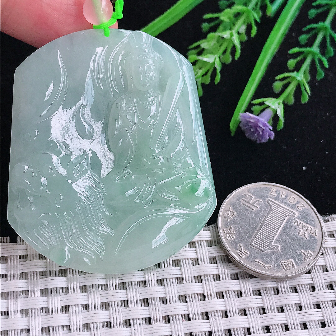 实拍A货翡翠53/45.7/5.2老坑冰胶水灵冰晴绿文殊菩萨吊坠翡翠玉牌挂件