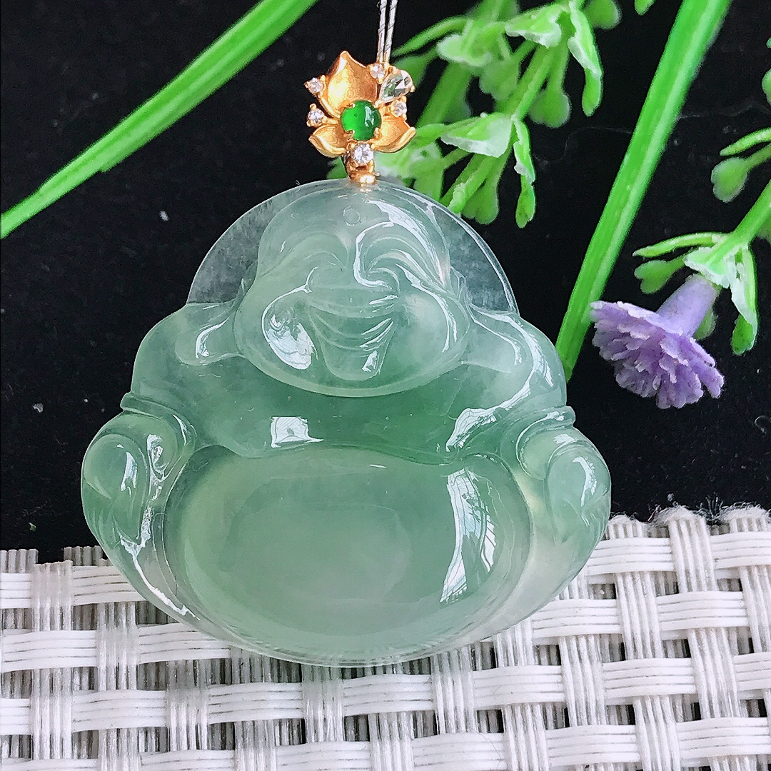 实拍A货翡翠30.3/33/5.9老坑18k金镶嵌冰胶冰晴满绿佛公吊坠翡翠玉牌挂件