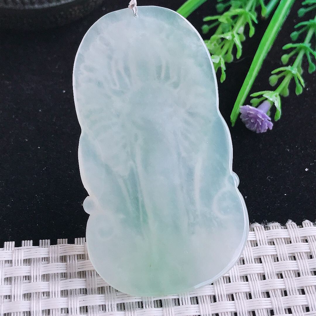 实拍A货翡翠65/37/5.2老坑冰胶果冻冰晴千手观音吊坠翡翠玉牌挂件