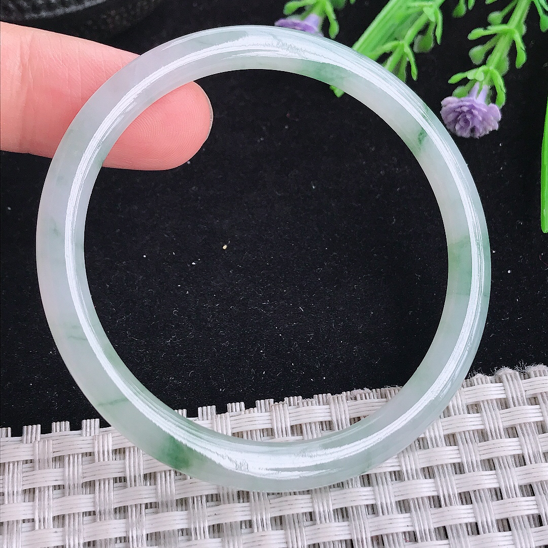 实拍a货翡翠51/5.1/6.3小圈口叮当镯老坑冰胶冰飘花细条手镯玉手镯