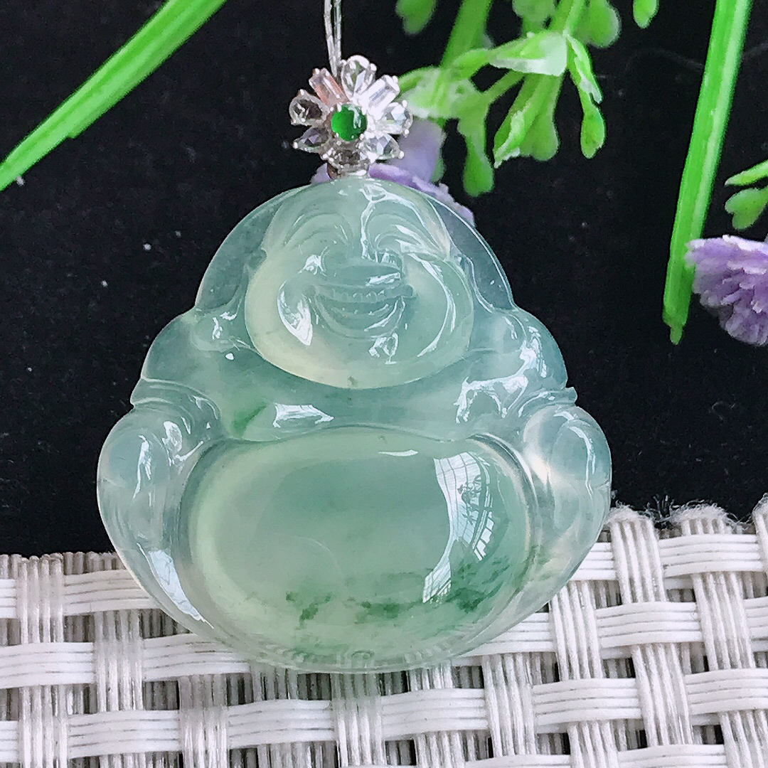 实拍A货翡翠26.6/28/5.8老坑18k金镶嵌冰种冰晴飘花佛公吊坠翡翠玉牌挂件