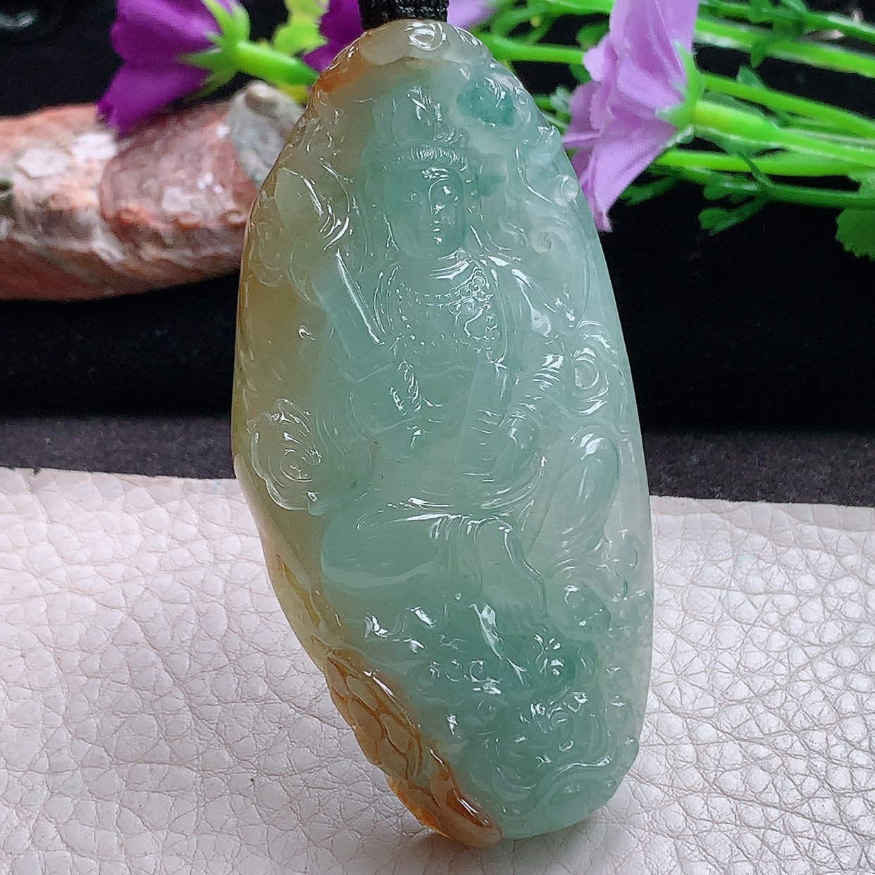 yl实拍76*38*12.2缅甸翡翠精雕冰双彩虚空藏菩萨玉吊坠